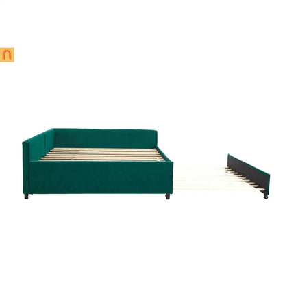 Bed Frame Daybed Velvet Emerald Diamond Grid Pull-Out Trundle Full