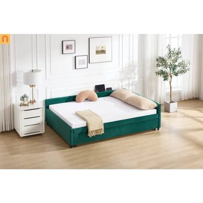 Bed Frame Daybed Velvet Emerald Diamond Grid Pull-Out Trundle Full