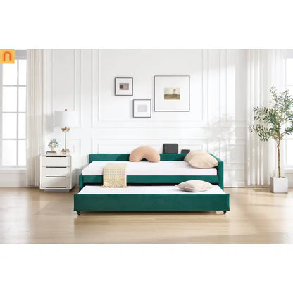 Bed Frame Daybed Velvet Emerald Diamond Grid Pull-Out Trundle Full