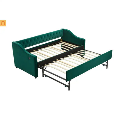 Twin Daybed Velvet Emerald Button Tufted USB Side Pockets