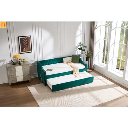 Twin Daybed Velvet Emerald Button Tufted USB Side Pockets