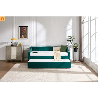 Twin Daybed Velvet Emerald Button Tufted USB Side Pockets