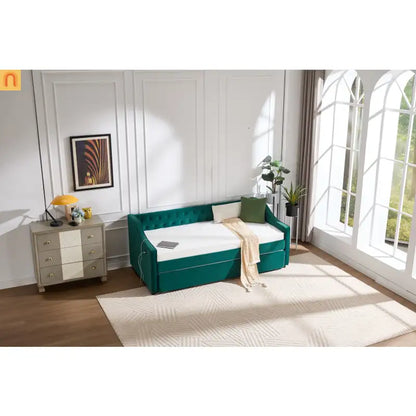 Twin Daybed Velvet Emerald Button Tufted USB Side Pockets