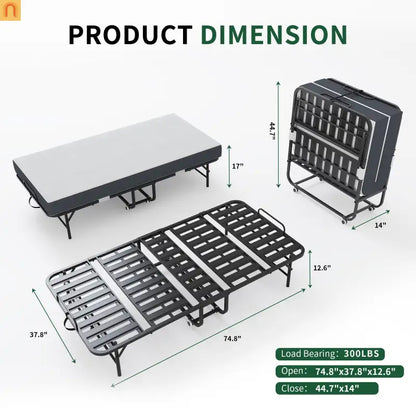 Bed Frame Rollaway Folding Metal Black Twin Memory Foam 74.8in