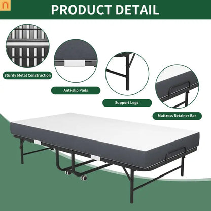 Bed Frame Rollaway Folding Metal Black Twin Memory Foam 74.8in