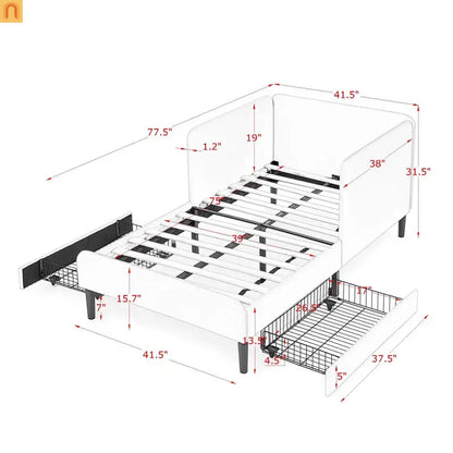 Bed Frame Daybed Platform Velvet Black Twin 2 Drawers 300 lb