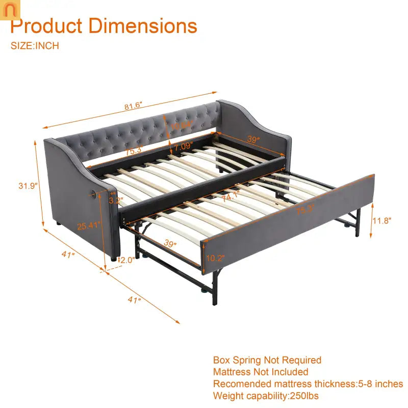 Twin Daybed Frame Velvet Gray Trundle USB Port