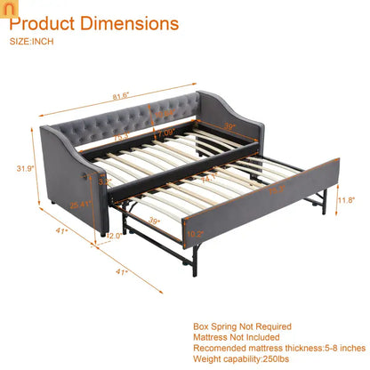 Twin Daybed Frame Velvet Gray Trundle USB Port