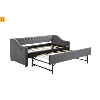 Twin Daybed Frame Velvet Gray Trundle USB Port