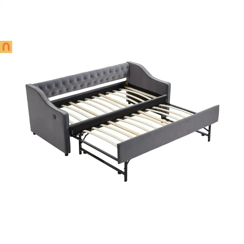 Twin Daybed Frame Velvet Gray Trundle USB Port