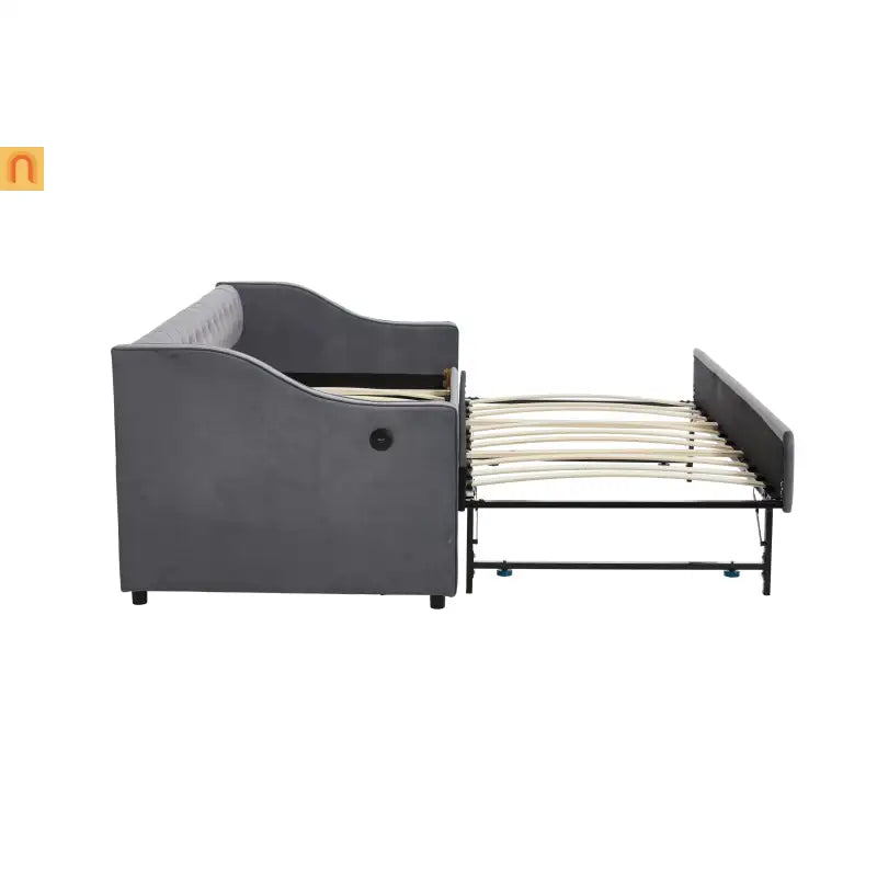 Twin Daybed Frame Velvet Gray Trundle USB Port