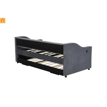 Twin Daybed Frame Velvet Gray Trundle USB Port