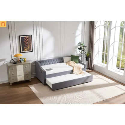 Twin Daybed Frame Velvet Gray Trundle USB Port