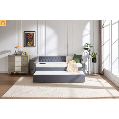Twin Daybed Frame Velvet Gray Trundle USB Port
