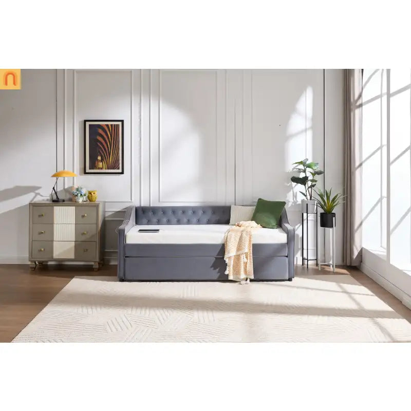Twin Daybed Frame Velvet Gray Trundle USB Port
