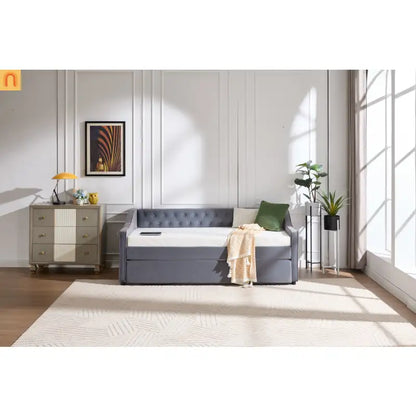 Twin Daybed Frame Velvet Gray Trundle USB Port