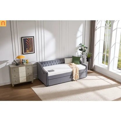 Twin Daybed Frame Velvet Gray Trundle USB Port