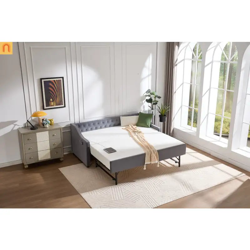 Twin Daybed Frame Velvet Gray Trundle USB Port