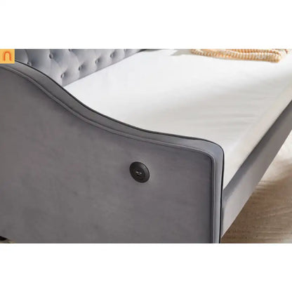 Twin Daybed Frame Velvet Gray Trundle USB Port