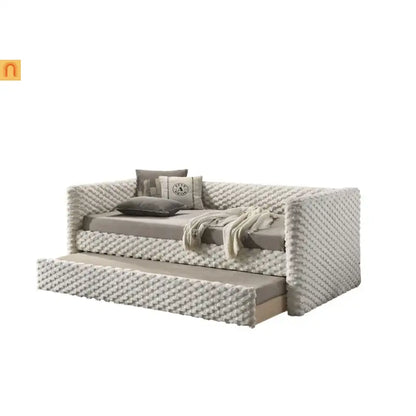 Daybed Twin with Trundle Roller Slat White Polyester Fabric