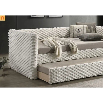 Daybed Twin with Trundle Roller Slat White Polyester Fabric