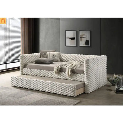 Daybed Twin with Trundle Roller Slat White Polyester Fabric