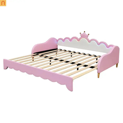 Twin Bed Frame Pink Crown Headboard LED Remote