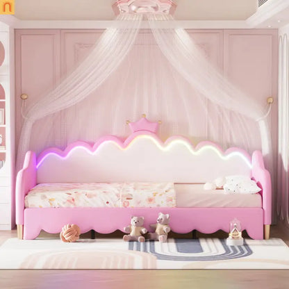 Twin Bed Frame Pink Crown Headboard LED Remote