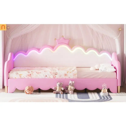 Twin Bed Frame Pink Crown Headboard LED Remote