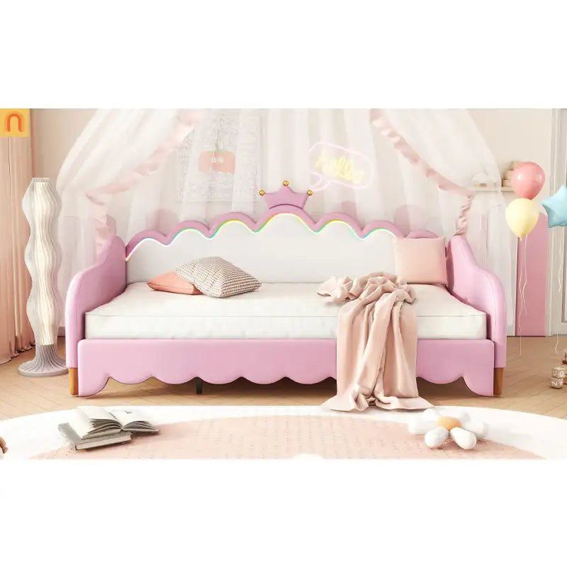 Twin Bed Frame Pink Crown Headboard LED Remote