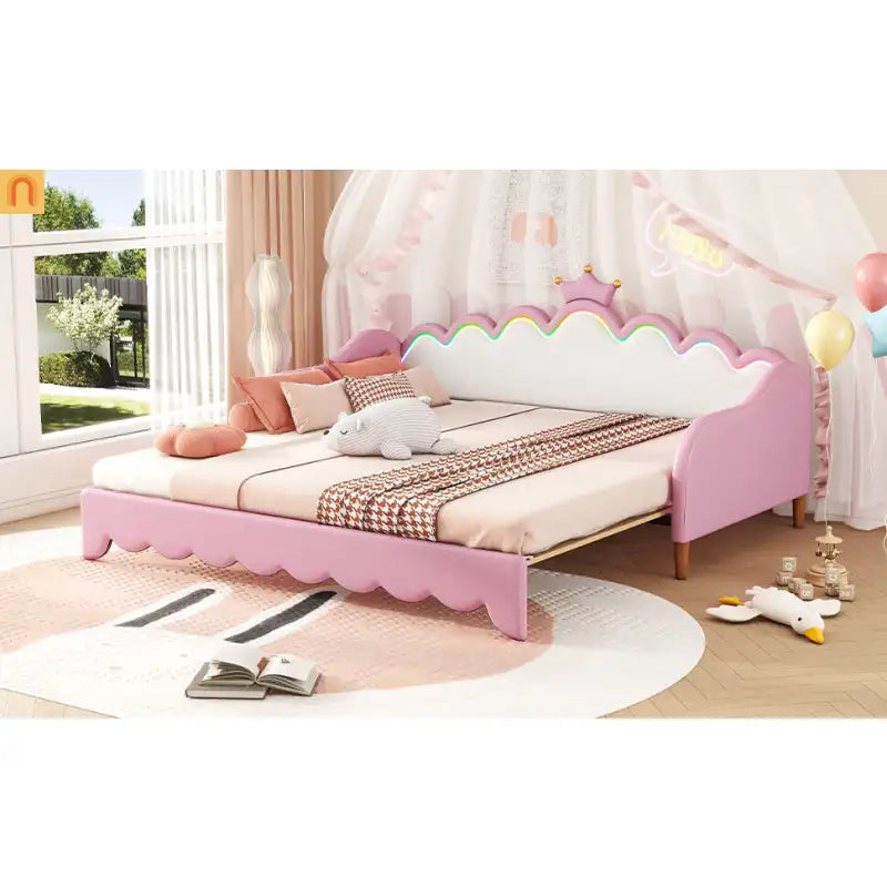 Twin Bed Frame Pink Crown Headboard LED Remote