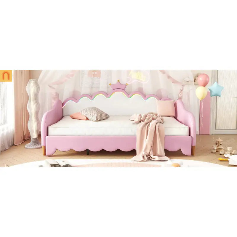 Twin Bed Frame Pink Crown Headboard LED Remote