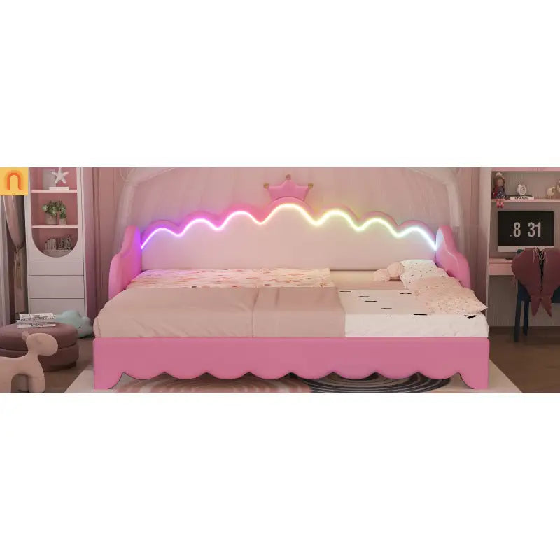 Twin Bed Frame Pink Crown Headboard LED Remote