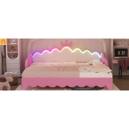 Twin Bed Frame Pink Crown Headboard LED Remote