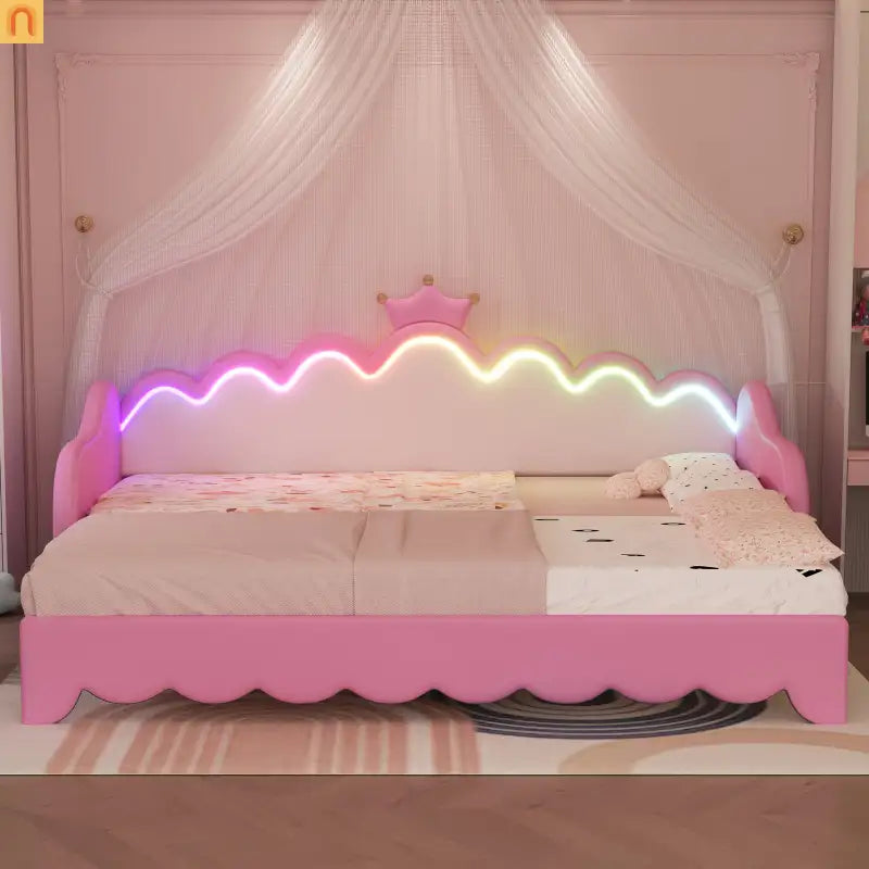 Twin Bed Frame Pink Crown Headboard LED Remote