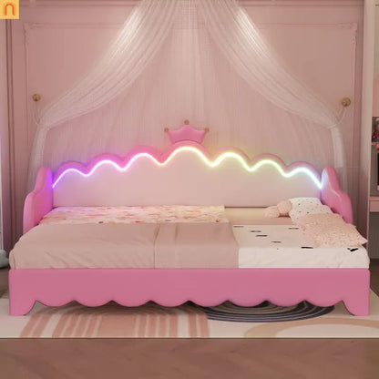 Twin Bed Frame Pink Crown Headboard LED Remote