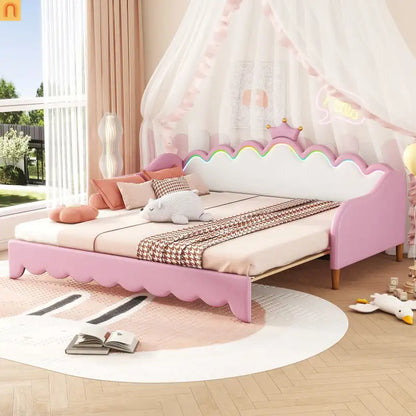 Twin Bed Frame Pink Crown Headboard LED Remote