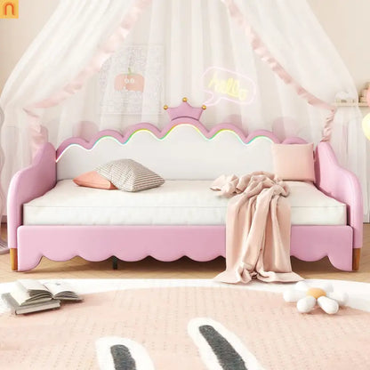 Twin Bed Frame Pink Crown Headboard LED Remote