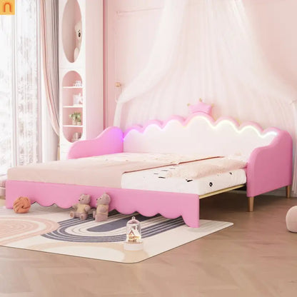 Twin Bed Frame Pink Crown Headboard LED Remote
