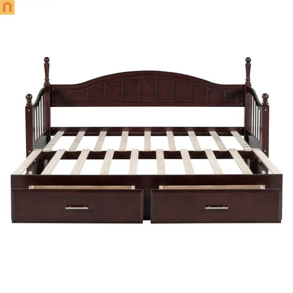 Bed Frame Daybed Wood Espresso Twin Roll-Out Trundle Drawers 250 lb