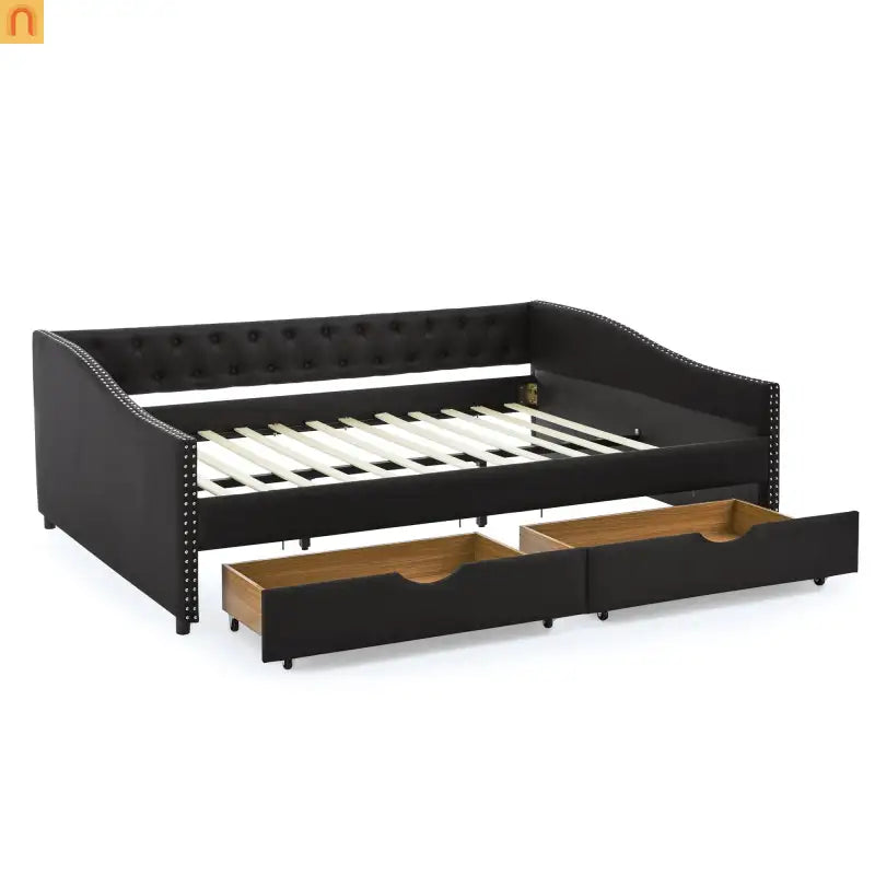 Queen Daybed Frame Black Linen Button Tufted Drawers
