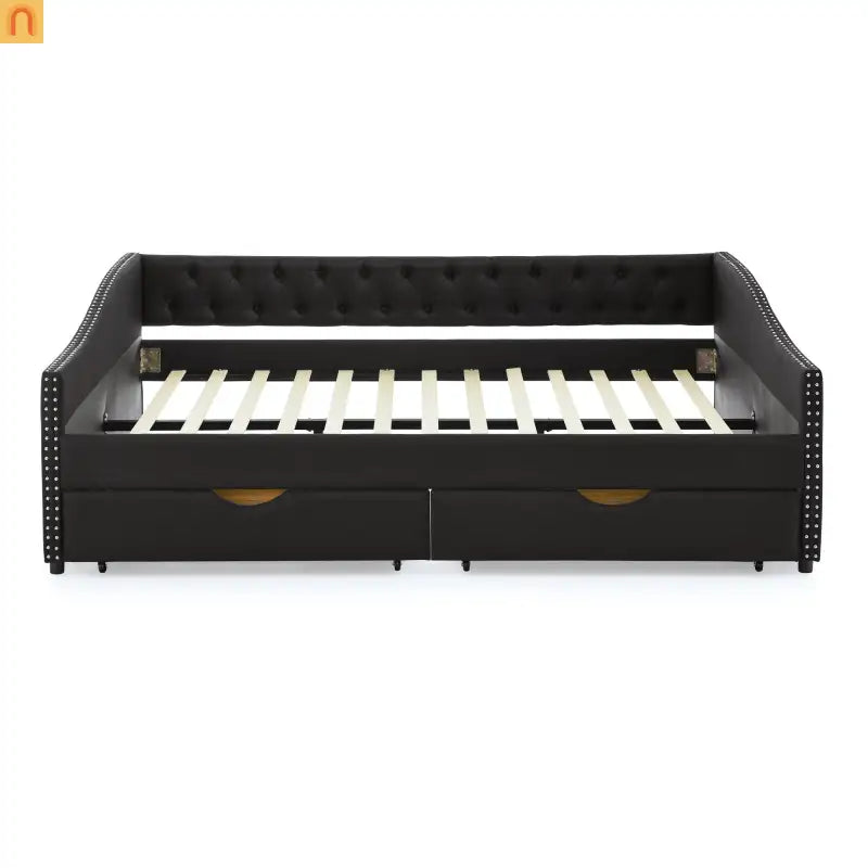 Queen Daybed Frame Black Linen Button Tufted Drawers