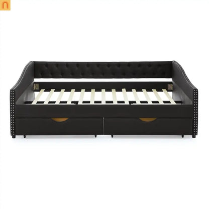 Queen Daybed Frame Black Linen Button Tufted Drawers
