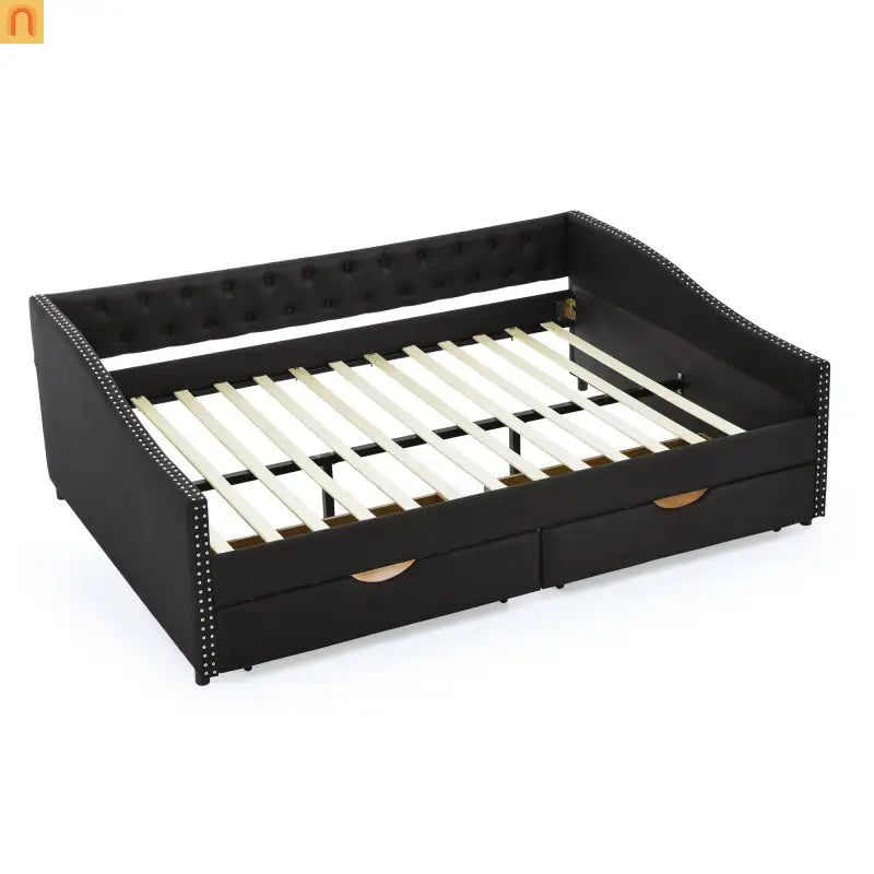 Queen Daybed Frame Black Linen Button Tufted Drawers