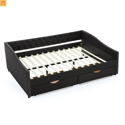 Queen Daybed Frame Black Linen Button Tufted Drawers