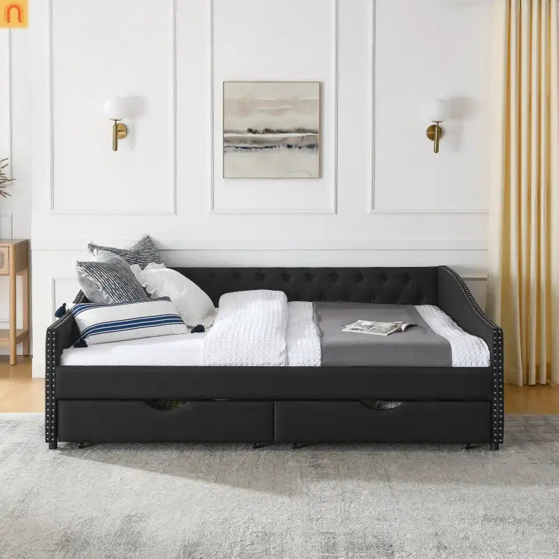 Queen Daybed Frame Black Linen Button Tufted Drawers