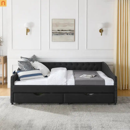 Queen Daybed Frame Black Linen Button Tufted Drawers