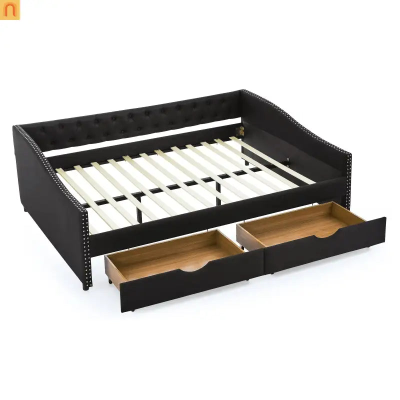 Queen Daybed Frame Black Linen Button Tufted Drawers
