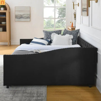 Queen Daybed Frame Black Linen Button Tufted Drawers
