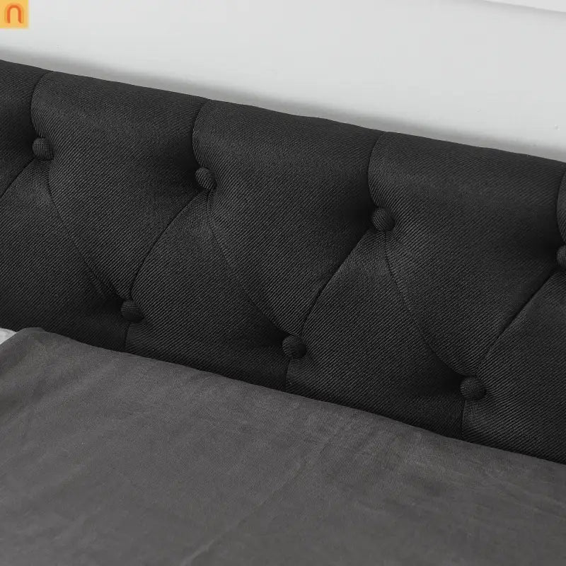 Queen Daybed Frame Black Linen Button Tufted Drawers